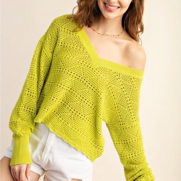 KORI V-Neck Cotton Crochet Lime Green Sweater - NWT - Picture 5 of 5